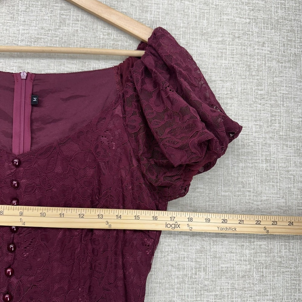 Dress Womens Medium Burgundy Lace Shoulder‎ Puff Sleeve Fit Flare Midi Formal - Picture 10 of 11